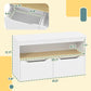 White toy storage bench with labeled height and depth measurements diagram