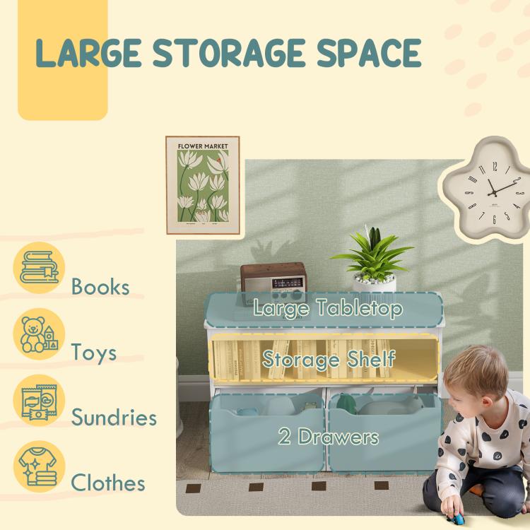 Toy storage bench feature graphic showing large tabletop, shelf, and 2 drawers