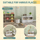 White toy storage bench shown in nursery, bedroom, and playroom layouts