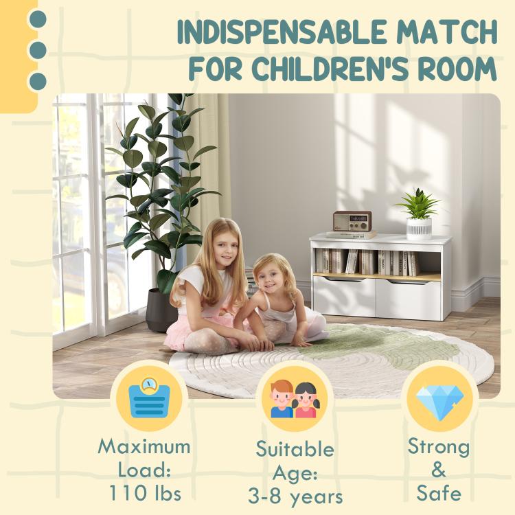 Kids toy storage bench graphic with maximum load and age suitability info
