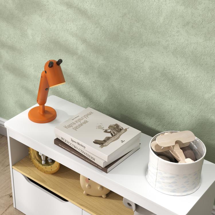 White toy storage bench with open top shelf and side drawer