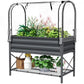 Dark gray metal raised planter box with clear zip cover and two-tier plant shelf