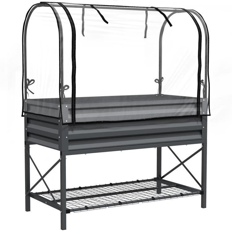 Dark gray metal raised garden bed on legs with bottom shelf and clear cover