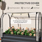 Dark gray metal raised planter with clear roll-up cover and arched protective frame