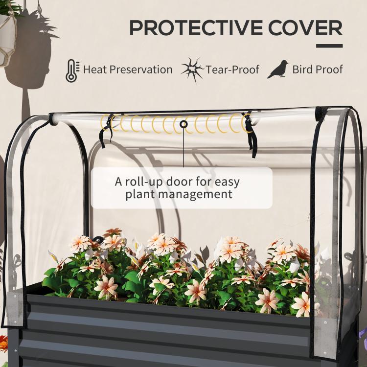 Dark gray metal raised planter with clear roll-up cover and arched protective frame