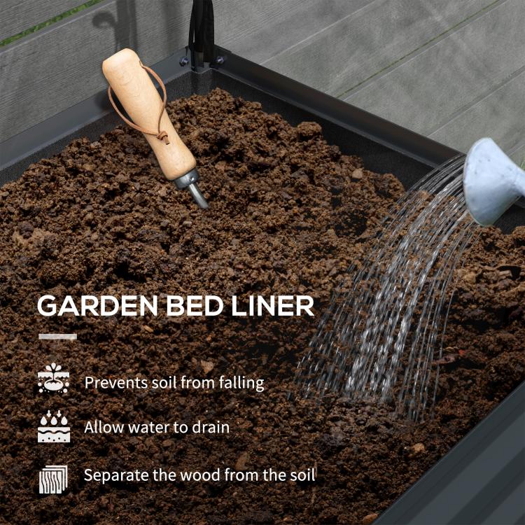Garden bed liner insert with soil, showing drainage and separation inside raised planter