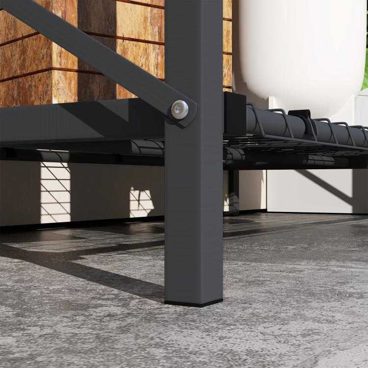 Dark gray metal leg and lower grid shelf detail for raised garden bed planter box