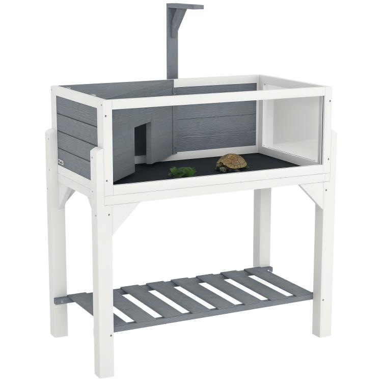 Gray wooden tortoise enclosure with clear window panels, openable top, and lower basking shelf