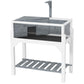 Gray wooden tortoise enclosure with clear front panels and side compartments, plus bottom shelf