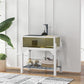 Gray wooden tortoise enclosure with clear window panels and mid and bottom shelves