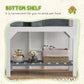 Gray wooden tortoise enclosure with clear front panels and bottom shelf for storage items