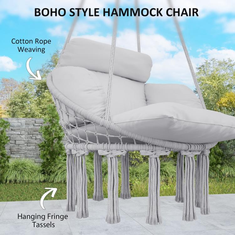 Gray boho macrame hanging hammock chair with hanging fringe tassels and thick cushion