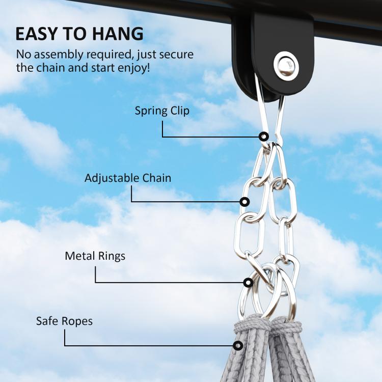 Adjustable hanging chain and metal rings with safe ropes for macrame hammock chair