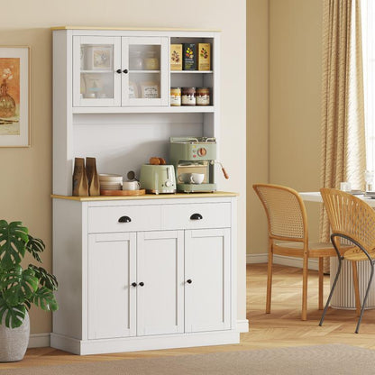 White freestanding kitchen cabinet with glass-pane upper doors, open shelves, and lower storage