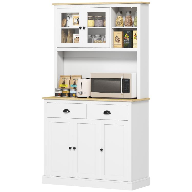 White pantry cabinet with open middle shelf, microwave inside, and two drawers below