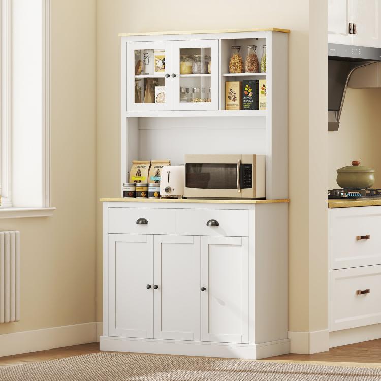 White kitchen hutch with glass-pane upper doors, open shelf, and three lower cabinet doors