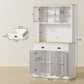 White freestanding cabinet with open shelves and bottom doors, shown with size dimensions