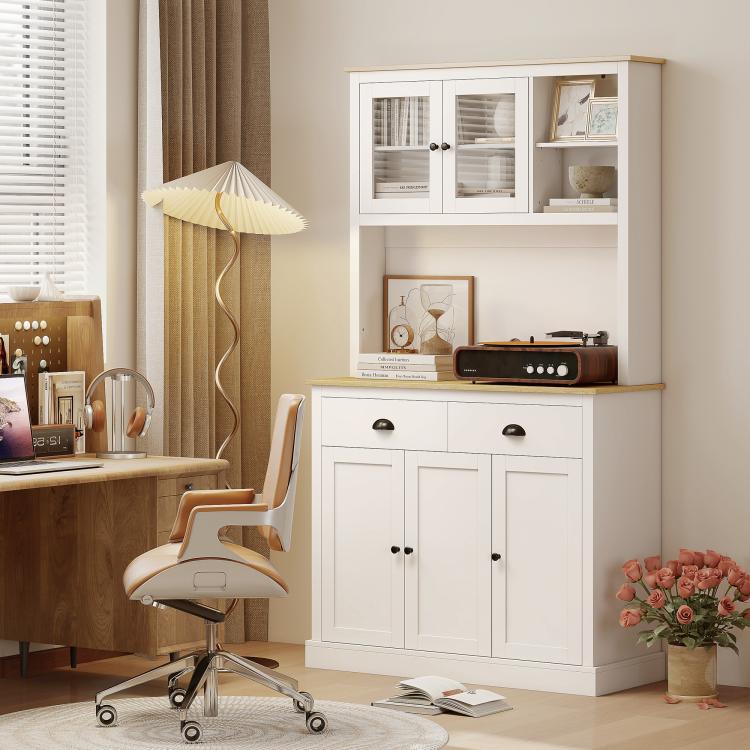 White freestanding hutch with glass-pane doors, open shelf space, and lower drawers and cabinets