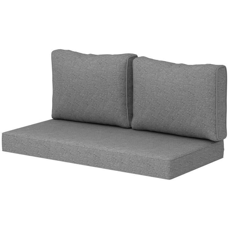 Gray outdoor loveseat cushion set with two back pillows on thick seat pad
