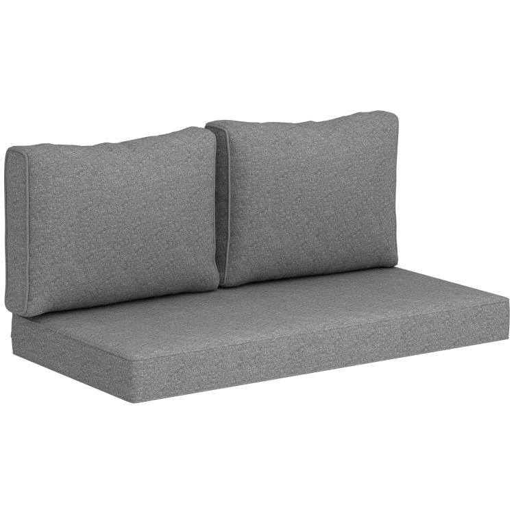 Gray outdoor loveseat cushion set with thick seat pad and two back pillows