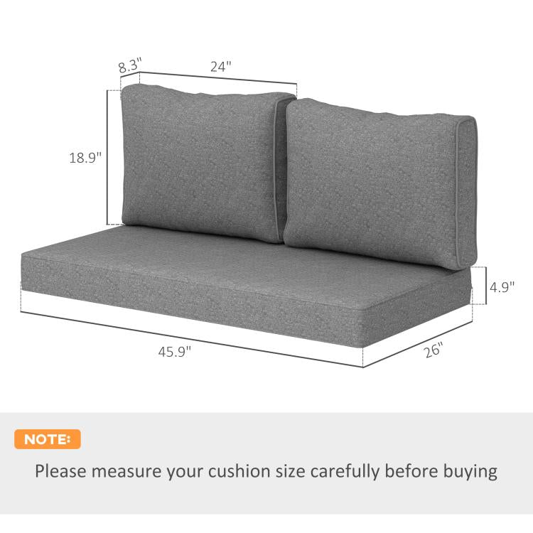 Gray 2-seat loveseat cushion set with two back pillows, measured sizing shown