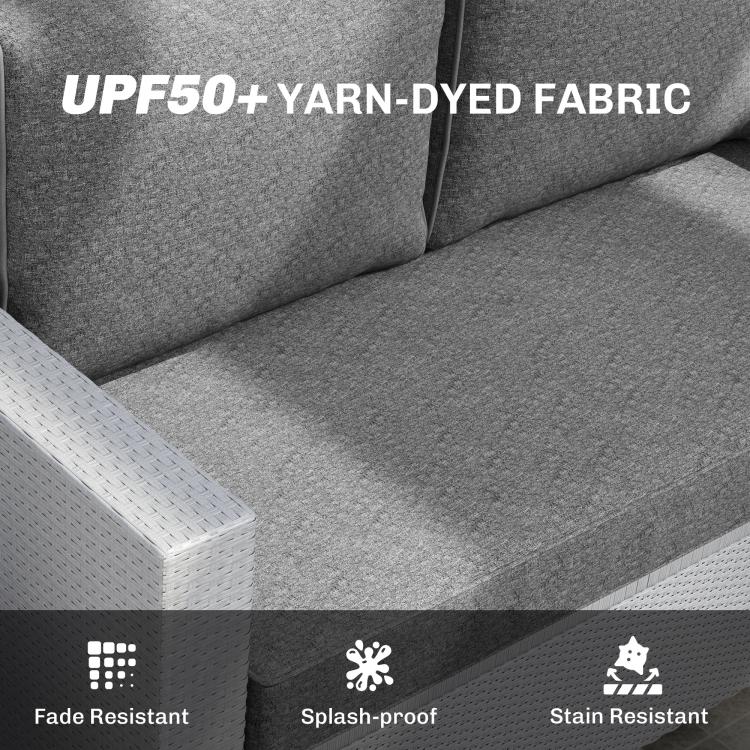 Close-up of gray loveseat cushions showing textured fabric and seam details