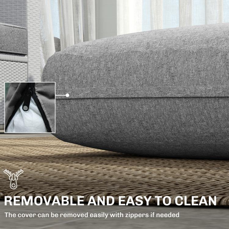 Gray removable cushion cover detail with visible zipper on seat edge