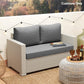 Gray loveseat cushions with two back pillows on an outdoor bench, cushions-only