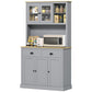 Gray freestanding kitchen cabinet with glass upper doors, wide counter, and two drawers