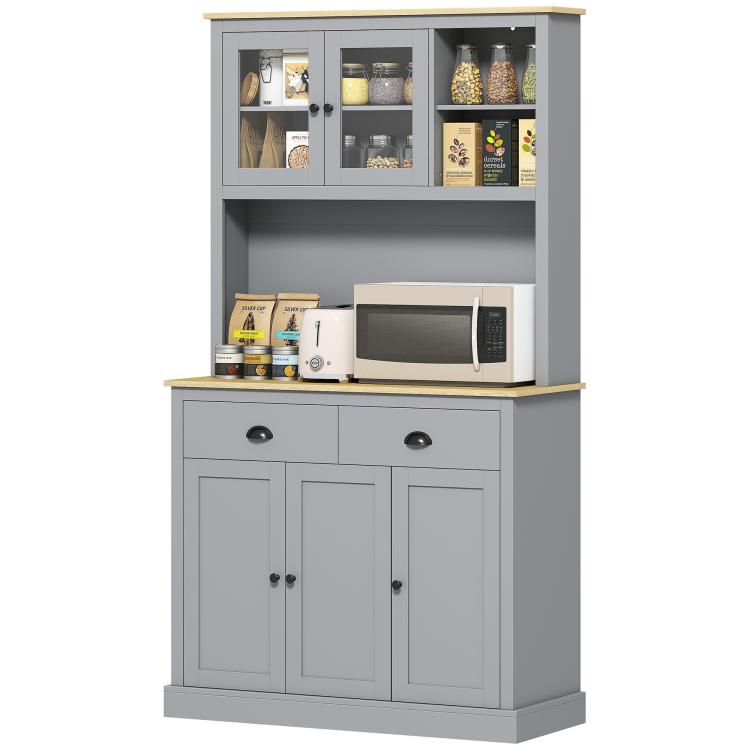 Gray freestanding kitchen cabinet with glass upper doors, wide counter, and two drawers