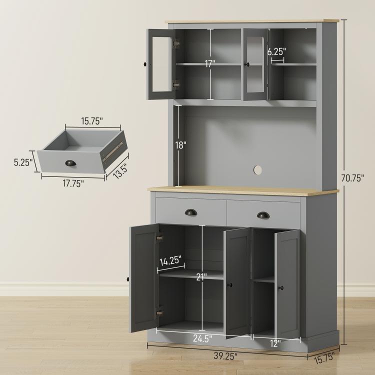 Gray freestanding kitchen cabinet with open shelves, two drawers, and adjustable interior compartments
