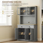 Gray kitchen hutch with adjustable interior shelves and two lower cabinets with doors
