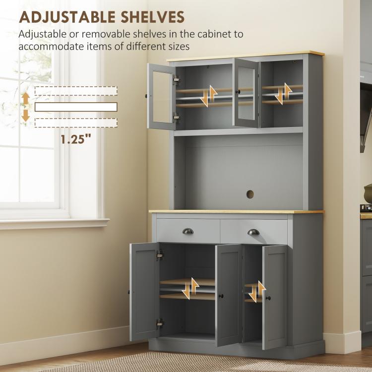 Gray kitchen hutch with adjustable interior shelves and two lower cabinets with doors