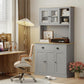 Gray freestanding kitchen cabinet with glass upper doors and open countertop storage shelf