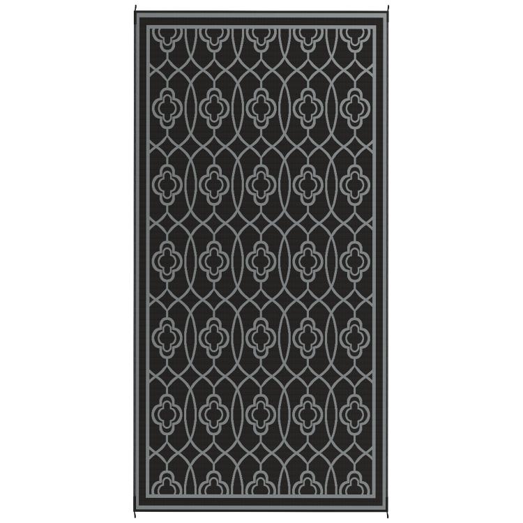 Reversible outdoor rug with dark gray lattice pattern and white border, rectangular