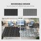 Reversible outdoor rug options showing dark and gray quatrefoil main designs