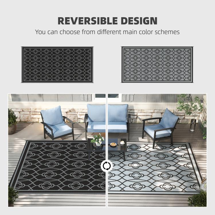 Reversible outdoor rug options showing dark and gray quatrefoil main designs
