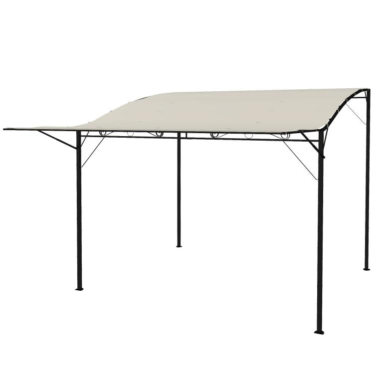 Outdoor gazebo roof with cream white canopy and black metal support posts