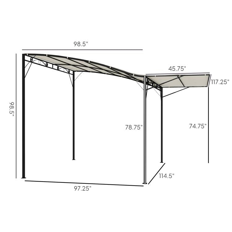 Gazebo frame diagram with cream canopy and black posts, size dimensions shown