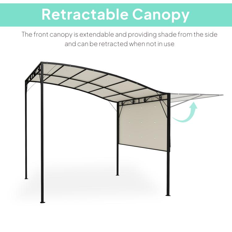Retractable patio gazebo with cream canopy, black frame, and extended side shade