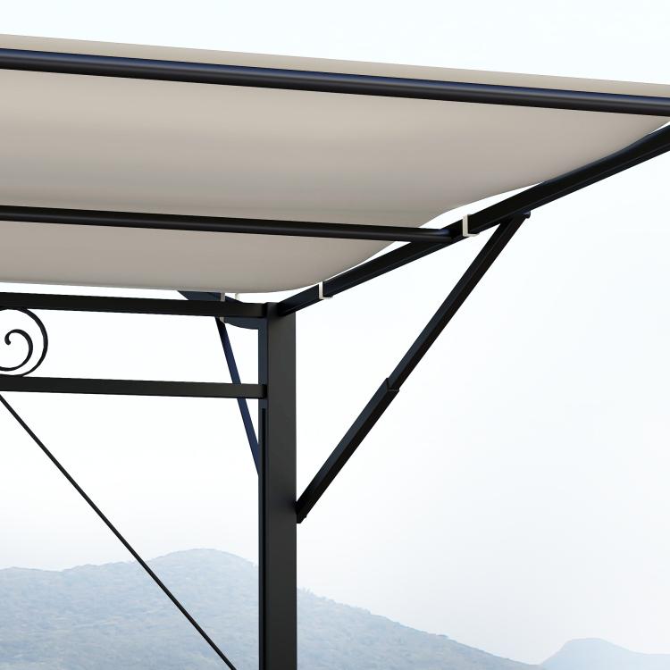 Close-up of gazebo canopy support with black beams and cream fabric edge