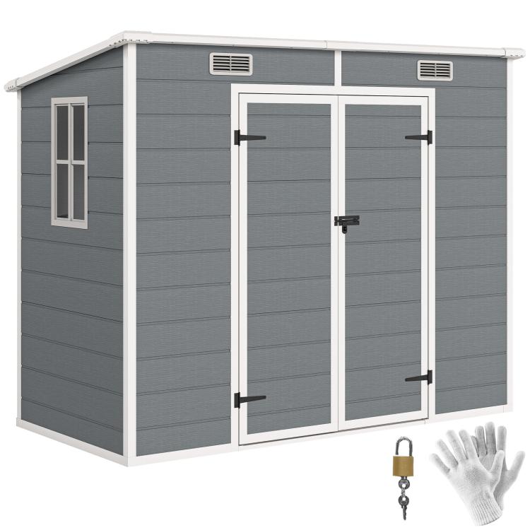Gray plastic outdoor storage shed with window, double lockable doors, roof vents