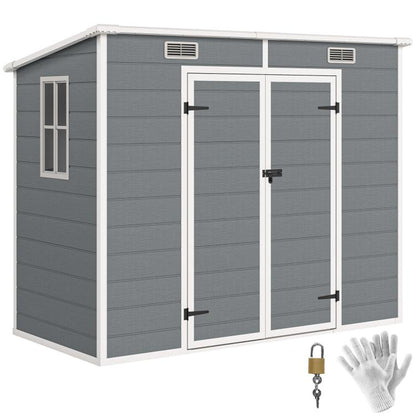 Gray plastic outdoor storage shed with window, double lockable doors, roof vents