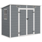 Gray plastic storage shed with double doors, window panels, and roof vents