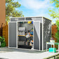 Gray plastic storage shed with open double doors showing tool storage inside