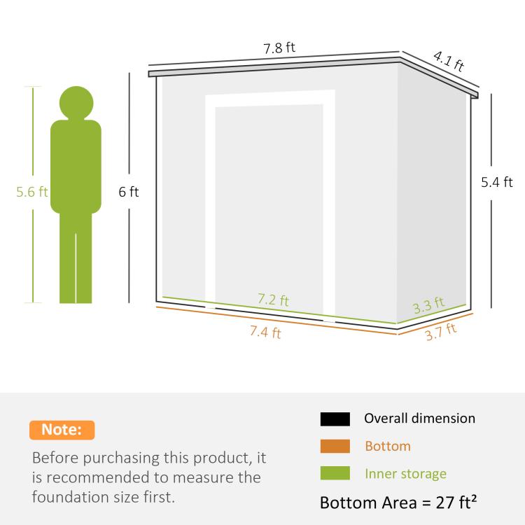 White dimension diagram of gray plastic storage shed with overall size and floor area