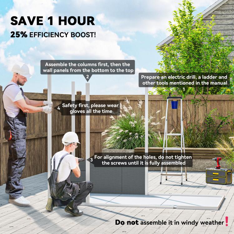 Gray plastic shed wall panels and base shown during assembly on outdoor patio