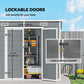 Gray plastic storage shed with lockable double doors and keys included