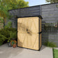 Natural wood outdoor storage shed with dark asphalt roof and double lockable doors
