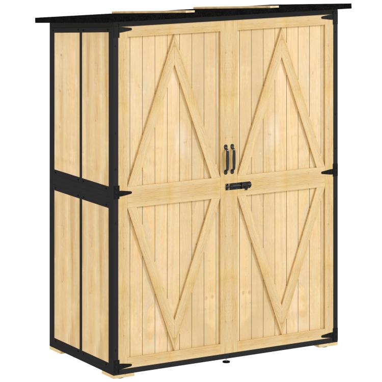 Natural wood storage shed with dark trim, double doors, and metal latch handles